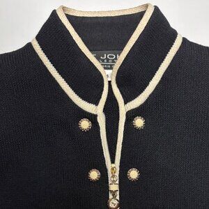St. John Collection Black Santana Knit Jacket Size 4 | Ivory Trim & Gold Buttons